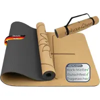 DELUKE Yogamatte Kork rutschfest EMMI [Mit Tragegurt] 4mm Dicke | Yoga Matte Fitnessmatte Trainingsmatte TPE Gymnastikmatte für Sport , Schwarz