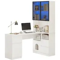 Merax Eckschreibtisch mit LED-Vitrine & Regal 120×80×180 cm, Computertisch mit 3 Schubladen, 2 Türen, Haustierfach, Rechte Ecke, Weiß