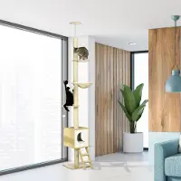 SUGIFT Kratzbaum deckenhoch 260 cm, Katzenkratzbaum mit Katzenhaus, Hängematte, Jute-Kratzsäulen, Plüsch, Hellbraun | 40x40x260 cm | 13 kg | Kippschutz