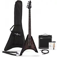 Gear4Music Harlem V-Bassgitarre Black im Paket mit 15-Watt-Verstärker