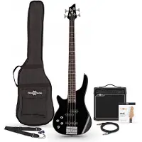 Gear4Music Chicago Linkshänder-Bassgitarre von Schwarz im Paket mit 15-Watt-Verstärker