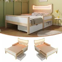 Ropilly Kinderbett 90x200 cm Bettgestell in Weiß und Eiche aus 100% Kiefernholz, Spanplatte, MDF mit RGB-LED-Beleuchtung, Schublade und Lattenrost