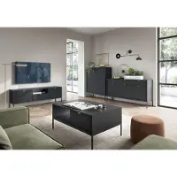 Piaski Wohnzimmer Set 4-teilig – TV Lowboard – Couchtisch – Hochkommode – Breite Kommode / NOVA– Schwarz– Modernes Stauraumensemble im strukturierten Rillen