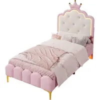 XDeer Polsterbett, 90 x 200 cm, mit Lattenrost (ohne Matratze), Ambiente-Licht mit Fernbedienung, Kronprinzessinnenform, Material PU, Rosa