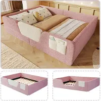 SUCCESS COURIER Polsterbett 140x190 cm Kinderbett mit Rausfallschutz Samt-Optik Rosa Stabiles Jugendbett mit Aufbewahrungstasche Ohne Matratze