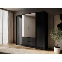 Piaski Kleiderschrank – Schlafzimmerschrank – 4 Türen mit 2 Schubladen – KELLY 4D L – 206 cm – Schwarz – Mit Spiegel – Eleganter Stauraum fürs Schlafzimmer