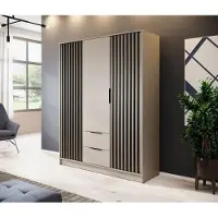 Piaski Kleiderschrank – Schlafzimmerschrank – Holz Kleiderschrank – NELLY 3D – 155 cm – Kaschmir – Großzügiger Kleiderschrank mit Lamellenfront