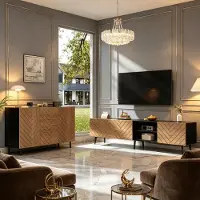 Merax TV-Bank und Sideboard Set 2-teilig, modern Wohnzimmerset mit TV Lowboard und Sideboard, Holzoptik Wohnzimmermöbel Set mit Stauraum, Natur