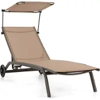 Goplus Sonnenliege mit Dach, Gartenliege Liegestuhl mit Rollen & Getränkehalter, Rücklehne 6 stufig verstellbar, bis zu 150kg , 165x61x96cm (braun)