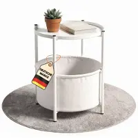 Coemo Couchtisch rund NINA aus Metall Weiß Ø 45 cm mit Aufbewahrungskorb, Tischplatte als Tablett nutzbar, Beistelltisch mit Ablage - Wohnzimmertisch, Sofatisch, Gartentisch mit Stoffkorb, zerlegt