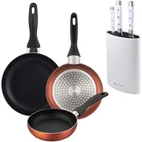 Bergner - Set aus 3 Pfannen Ø16/20/24cm aus gepresstem Aluminium in metallic-copper mit 3-teiliges Edelstahlmesser-Set mit Messerblock
