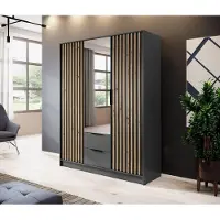 Piaski Kleiderschrank – Schlafzimmerschrank – NELLY 3D+LUS – 155 cm – Grafit – Geräumiger Kleiderschrank mit Lamellenfront und Spiegel