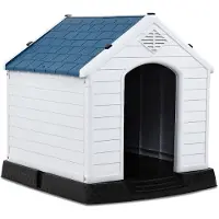 Costway Hundehütte Kunststoff Hundehaus Plastik für Garten, Drinnen und Draußen, Hundehöhle mit Erhöhtem Boden, Hundekisten blau und weiß 70x65x71,5cm
