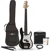 Gear4Music LA 5-saitige Bassgitarre von Schwarz im Paket mit 15-Watt-Verstärker
