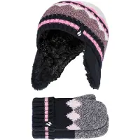 Heat Holder Wärmehalter - Girls Nordic Pattern Fairisle Design Trappermütze mit Pom Pom und Fäustlinge Handschuhe Set - Schwarz
