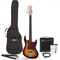 Gear4Music LA II-Bassgitarre Sunburst im Paket mit Tweed-15-Watt-Verstärker