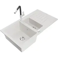 Mexen Matias 1,5-Becken-Granitspüle mit Abtropffläche und Mischbatterie Flora, Weiß - 6502-20-670401-07