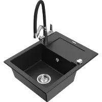Mexen Enzo 1 Becken-Granitspüle mit Abtropffläche und Mischbatterie Duo, Schwarz/Silbermetallic - 6506-73-671701-07