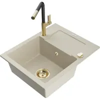 Mexen Enzo 1 Becken-Granitspüle mit Abtropffläche und Mischbatterie Flora, Beige - 6506-69-670401-57-G