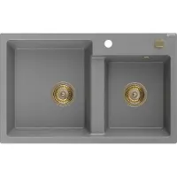 Mexen Tomas 2-Becken-Granit-Spülbecken 800 x 500 mm, Grau, Siphon Gold - 6516802000-71-G