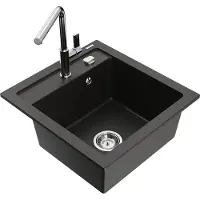 Mexen Vito 1-Becken-Granit-Spüle mit Mischbatterie Flora, Schwarz/Gold metallisch - 6503-75-670401-00