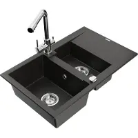 Mexen Gaspar 1,5-Becken-Granitspüle mit Abtropffläche und Mischbatterie Duero, Schwarz/Gold metallisch - 6507-75-671600-00