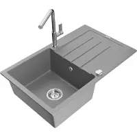 Mexen Bruno 1 Becken-Granitspüle mit Abtropffläche und Mischbatterie Flora, Grau - 6513-71-670401-00