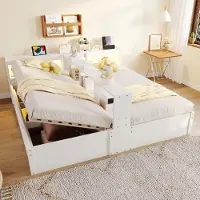Merax Tagesbett Schlafsofa 90/180x200 cm mit hydraulischem Stauraum, Multifunktionsbett mit LED und USB-Steckdose, Doppelbett mit Ablagefächern, Weiß