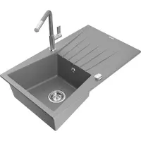 Mexen Cesar 1 Becken-Granitspüle mit Abtropffläche und Mischbatterie Flora, Grau - 6514-71-670401-06