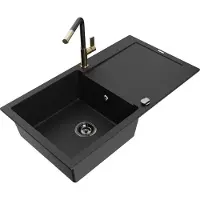 Mexen Leo 1 Becken-Granitspüle mit Abtropffläche und Mischbatterie Flora, Schwarz - 6501-77-670401-57-B