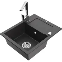 Mexen Enzo 1 Becken-Granitspüle mit Abtropffläche und Mischbatterie Rita, Schwarz gesprenkelt - 6506-76-670300-00