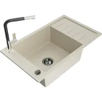 Mexen Elias 1 Becken-Granitspüle mit Abtropffläche und Mischbatterie Flora, Beige - 6511-69-670401-07-B