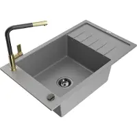 Mexen Elias 1 Becken-Granitspüle mit Abtropffläche und Mischbatterie Flora, Grau - 6511-71-670401-57-B