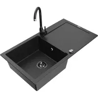 Mexen Leo 1 Becken-Granitspüle mit Abtropffläche und Mischbatterie Telma, Schwarz/Silbermetallic - 6501-73-670200-70-B