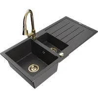 Mexen Andres 1,5-Becken-Granitspüle mit Abtropffläche und Mischbatterie Elia, Schwarz gesprenkelt - 6515-76-670101-50