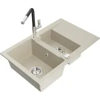 Mexen Gaspar 1,5-Becken-Granitspüle mit Abtropffläche und Mischbatterie Flora, Beige - 6507-69-670401-07