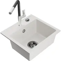 Mexen Milo 1-Becken-Granitspüle mit Mischbatterie Flora, Weiß - 6505-20-670401-07-B