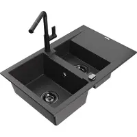 Mexen Gaspar 1,5-Becken-Granitspüle mit Abtropffläche und Mischbatterie Flora, Schwarz gesprenkelt - 6507-76-670401-70-B