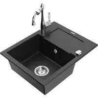 Mexen Enzo 1 Becken-Granitspüle mit Abtropffläche und Mischbatterie Carla, Schwarz/Silbermetallic - 6506-73-670700-00