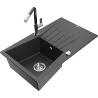 Mexen Cesar 1 Becken-Granitspüle mit Abtropffläche und Mischbatterie Flora, Schwarz gesprenkelt - 6514-76-670401-08