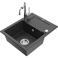 Mexen Enzo 1 Becken-Granitspüle mit Abtropffläche und Mischbatterie Carla, Schwarz gesprenkelt - 6506-76-670700-00