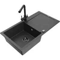 Mexen Leo 1 Becken-Granitspüle mit Abtropffläche und Mischbatterie Duero, Schwarz gesprenkelt - 6501-76-671600-70-B