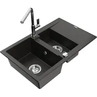 Mexen Gaspar 1,5-Becken-Granitspüle mit Abtropffläche und Mischbatterie Flora, Schwarz/Gold metallisch - 6507-75-670401-00