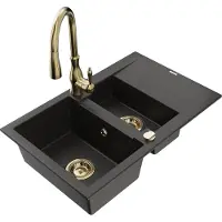Mexen Gaspar 1,5-Becken-Granitspüle mit Abtropffläche und Mischbatterie Savita, Schwarz/Gold - 6507-75-672601-50