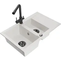 Mexen Gaspar 1,5-Becken-Granitspüle mit Abtropffläche und Mischbatterie Duero, Weiß - 6507-20-671600-70