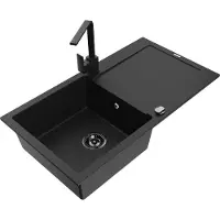 Mexen Leo 1 Becken-Granitspüle mit Abtropffläche und Mischbatterie Rita, Schwarz - 6501-77-670300-70-B
