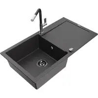Mexen Leo 1 Becken-Granitspüle mit Abtropffläche und Mischbatterie Flora, Schwarz gesprenkelt - 6501-76-670401-07-B