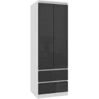 Akord Kleiderschrank – Drehtürenschrank – Schrank 2 Türen – STAR – 60 cm – Weiß / Graphit Hochglanz – Kompakter Stauraum mit Schubladen und Kleiderstange