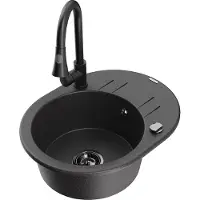 Mexen Kevin 1 Becken-Granitspüle mit Abtropffläche und Mischbatterie Elia, Schwarz gesprenkelt - 6517-76-670101-70-B