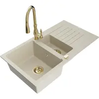Mexen Matias 1,5-Becken-Granitspüle mit Abtropffläche und Mischbatterie Savita, Beige - 6502-69-672601-50